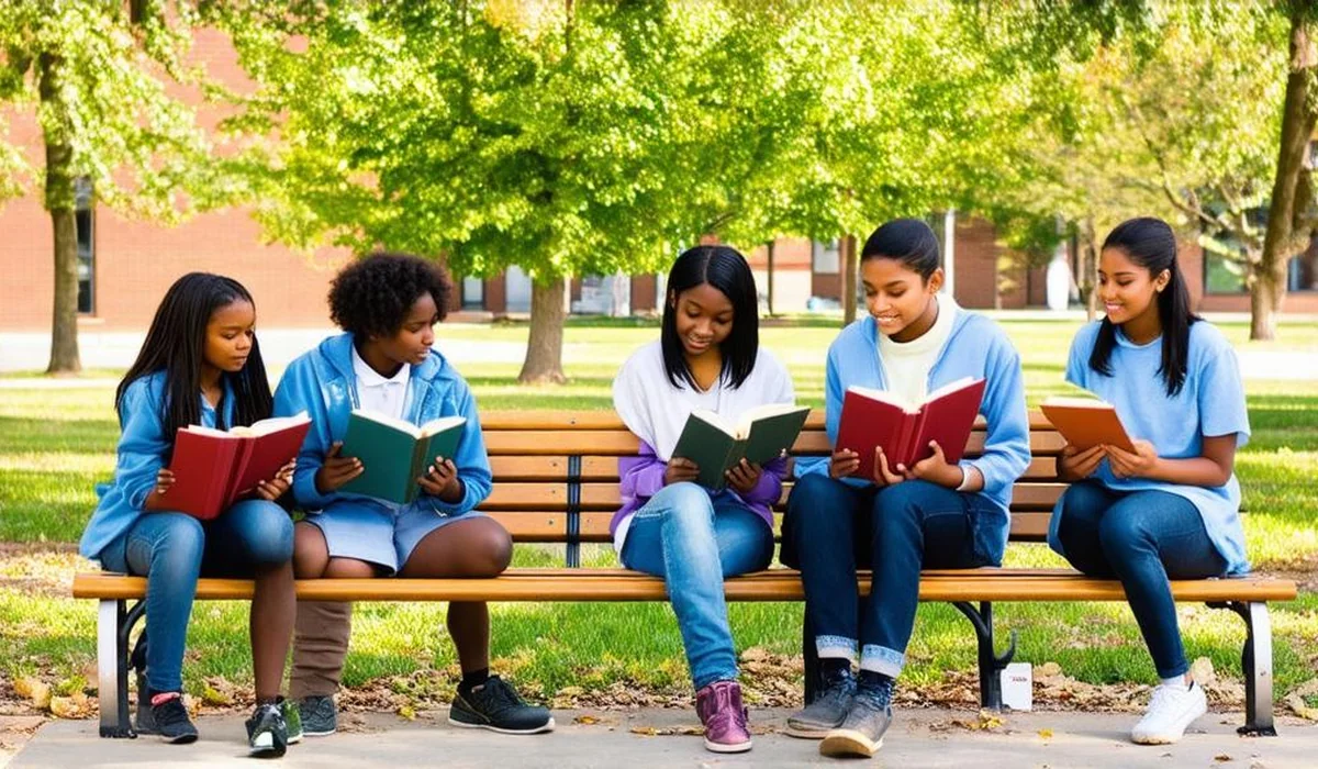 Middle school students chatting and reading together beside school lockers in a sunlit hallway