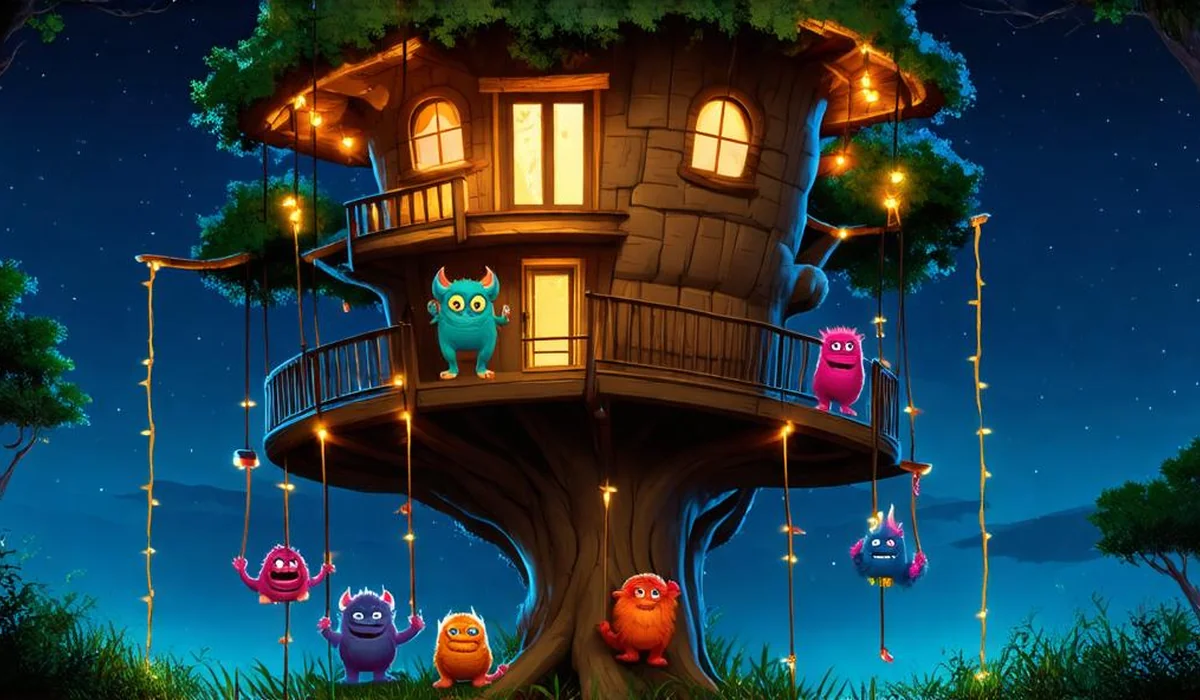 Treehouse fortress filled with gadgets and comical cartoon monsters in an adventurous twilight landscape