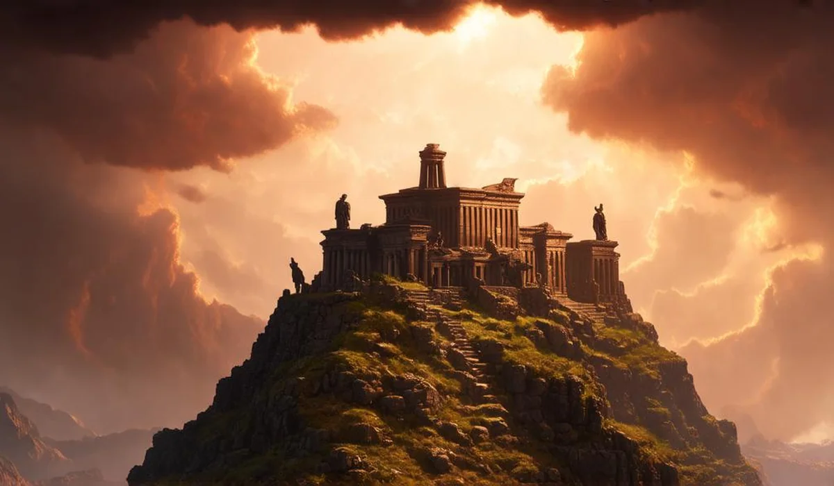 Ancient temple surrounded by swirling storm clouds and mythological divine weapons