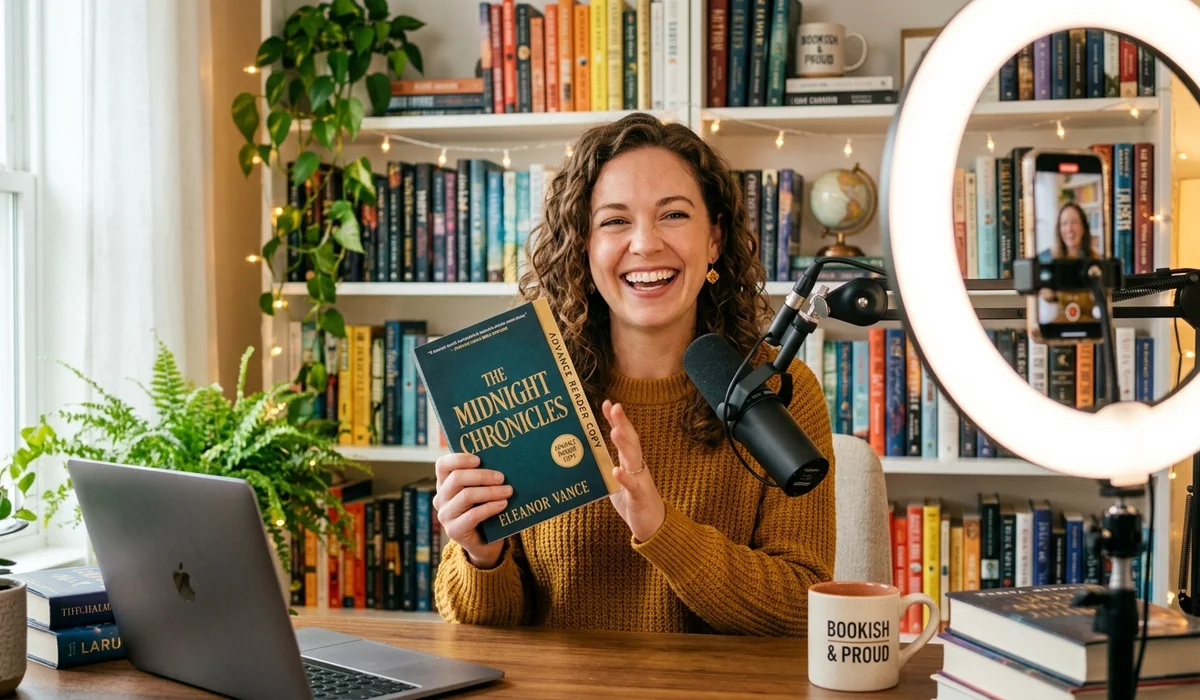 Content creator holding an advance reader copy book while recording a video review in a studio