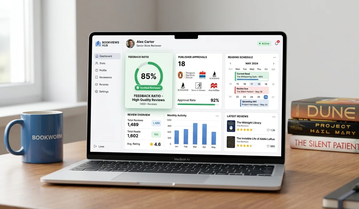 Digital dashboard showing reviewer profile stats with 85 percent feedback ratio badge and publisher approvals