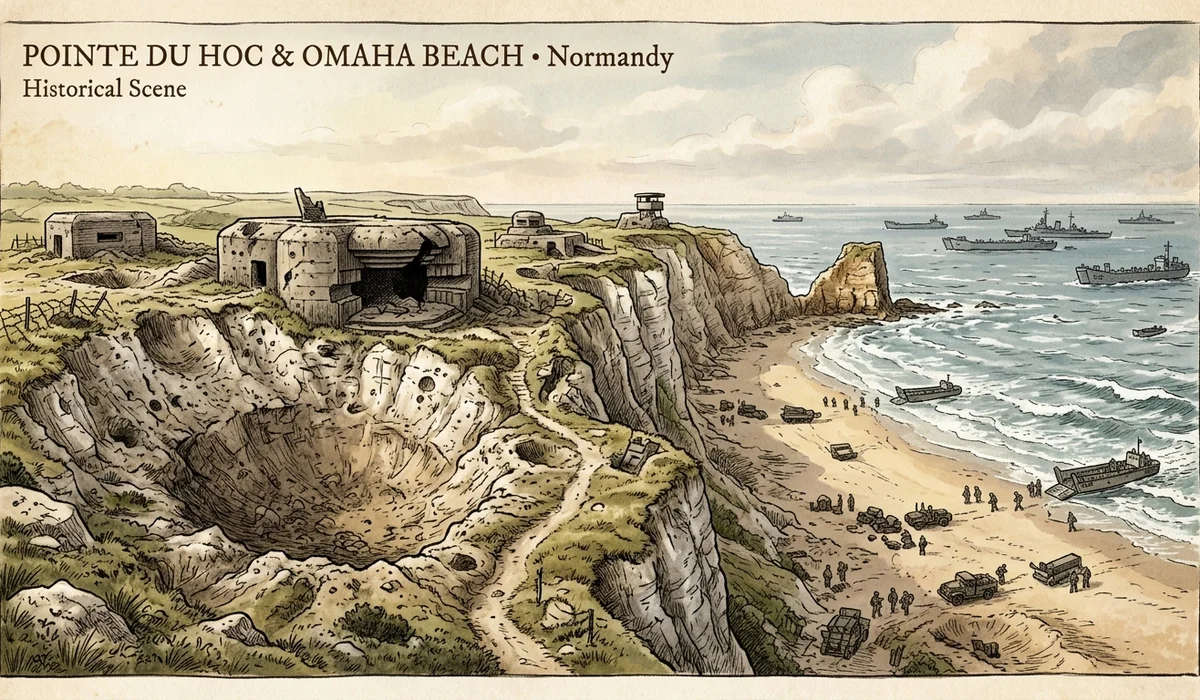 A historical scene of the rugged coastal cliffs at Pointe du Hoc and Omaha Beach with historic concrete bunkers