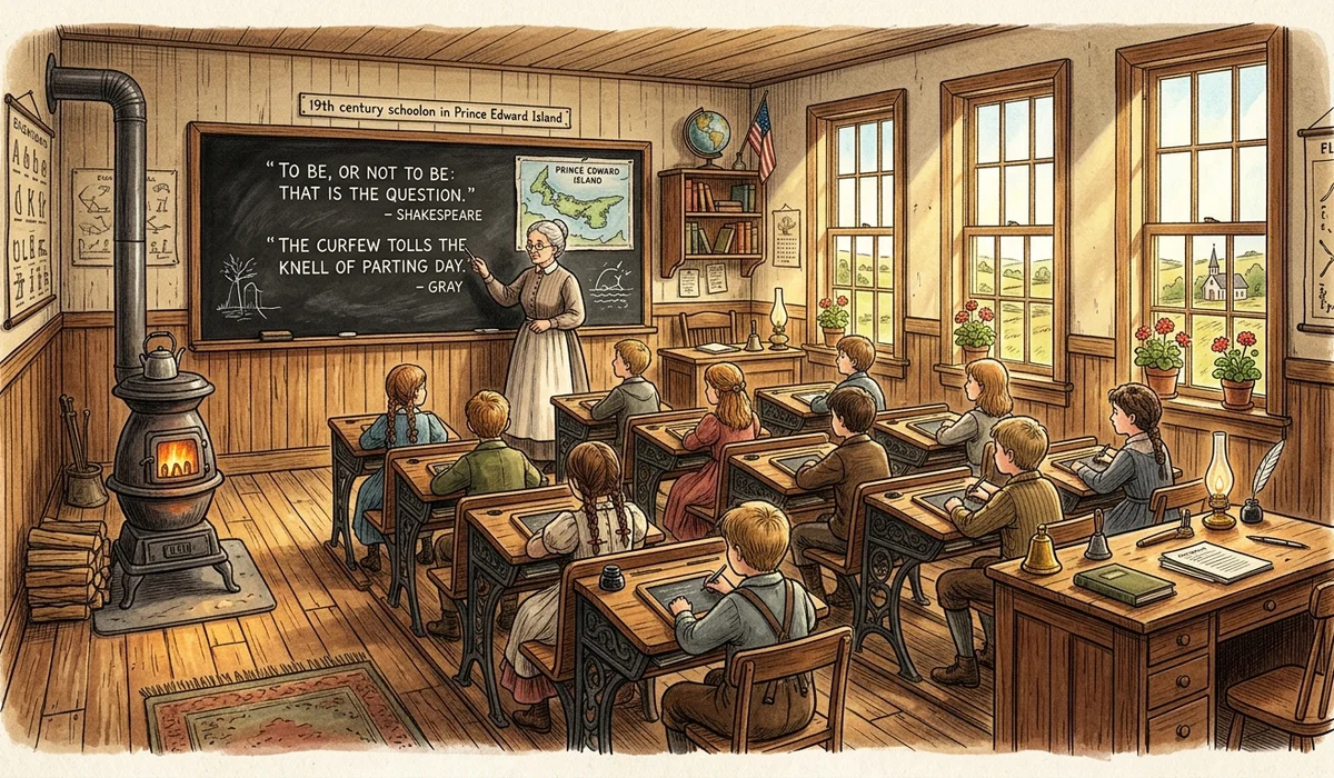 Vintage 19th-century one-room schoolhouse interior with wooden desks and chalkboard