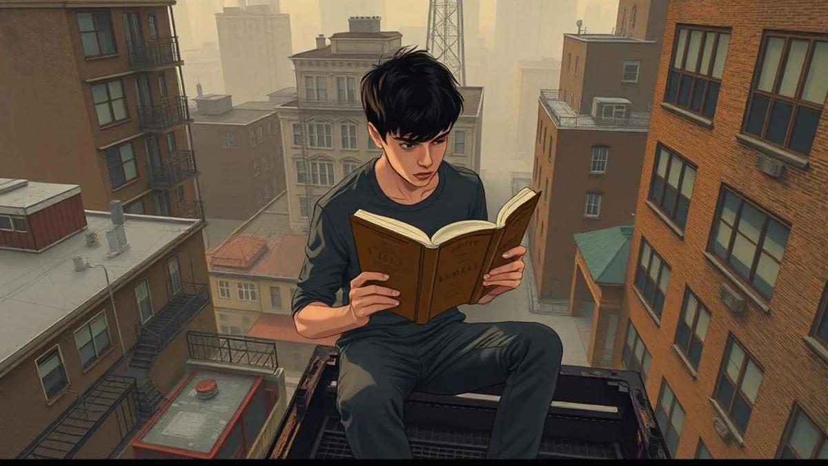 A teenager reading alone on a fire escape, reflecting the 12+ recommended age for The Outsiders