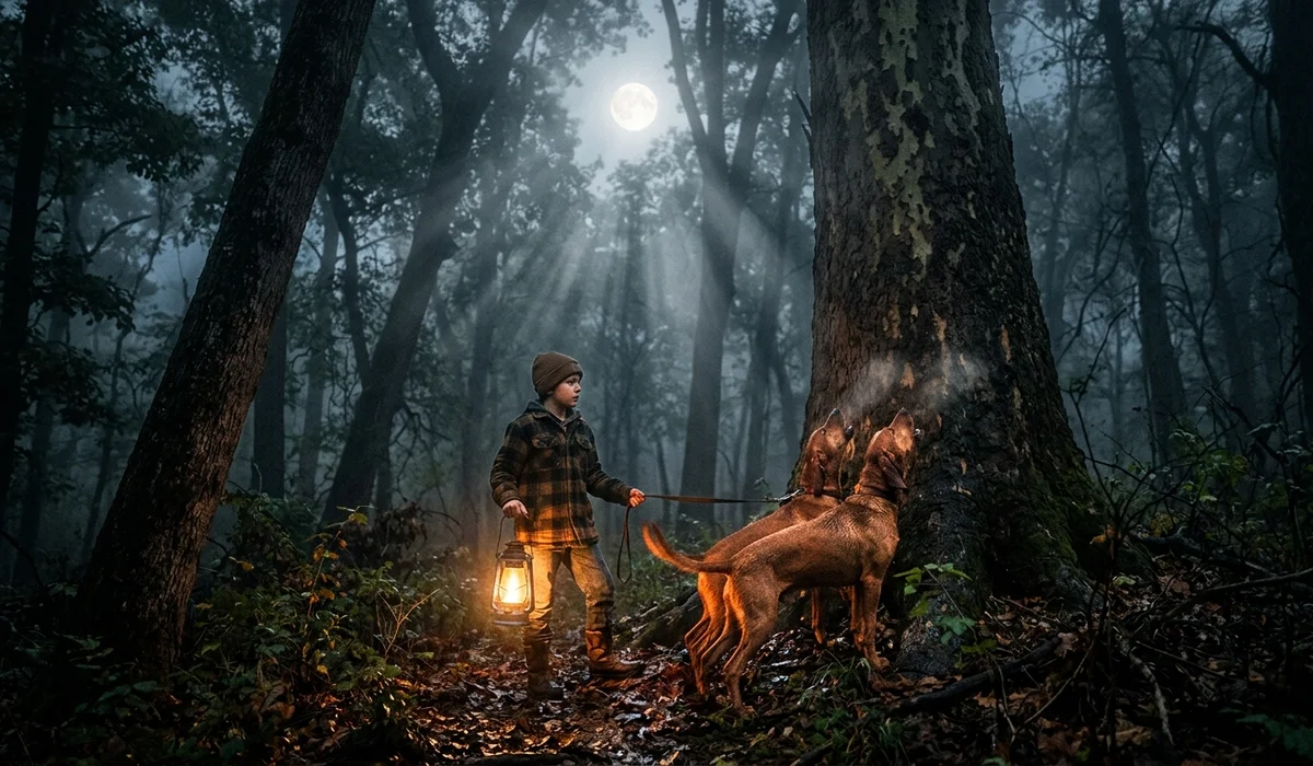 A nighttime Ozark hunting scene with a full moon illuminating a massive sycamore tree and two redbone coonhounds