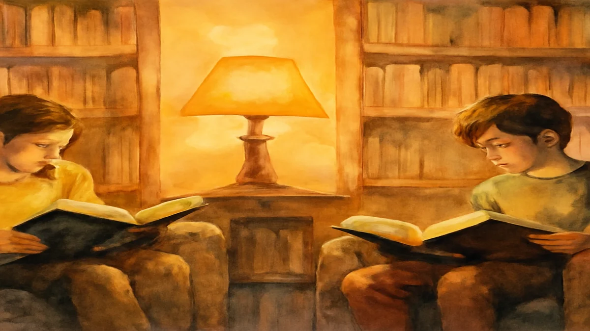 Middle grade readers enjoying Percy Jackson books in a library setting