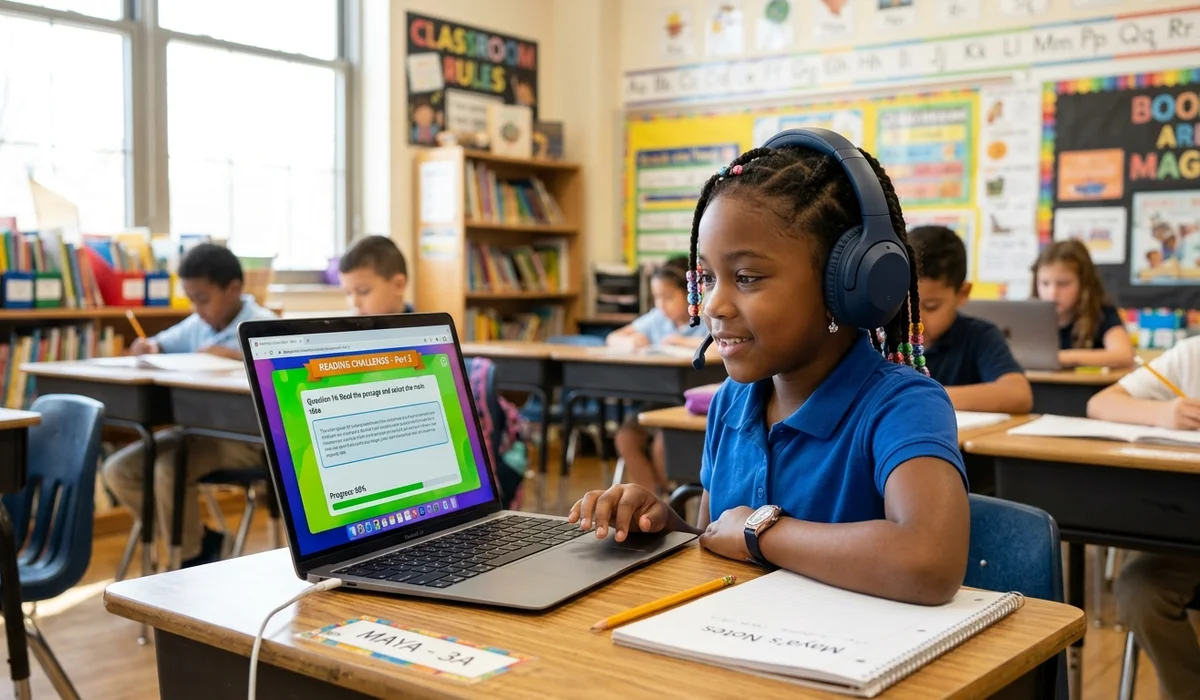 Young student wearing headphones engaged in a computer-based adaptive reading assessment