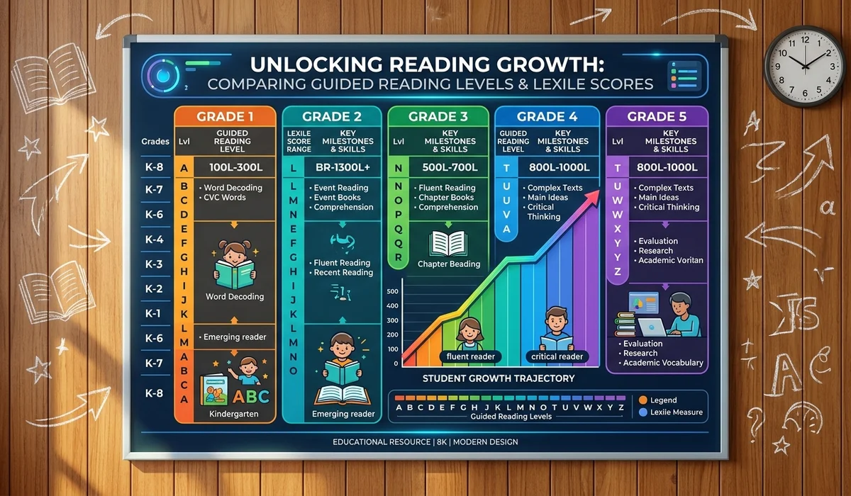 Infographic poster comparing reading levels across grades, Lexile scores, Guided Reading levels, and student growth trajectories