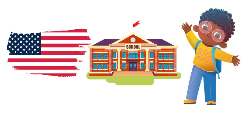 reading level in us is shown by an American school and flag with a boy (1)
