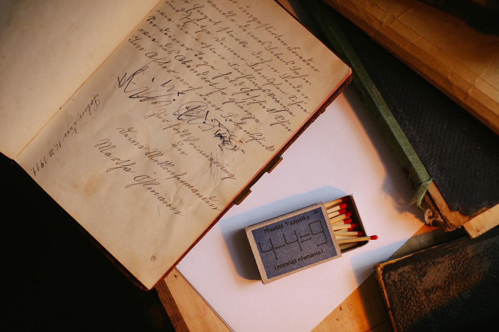 Antique book with elegant handwritten text alongside a vintage matchbox.