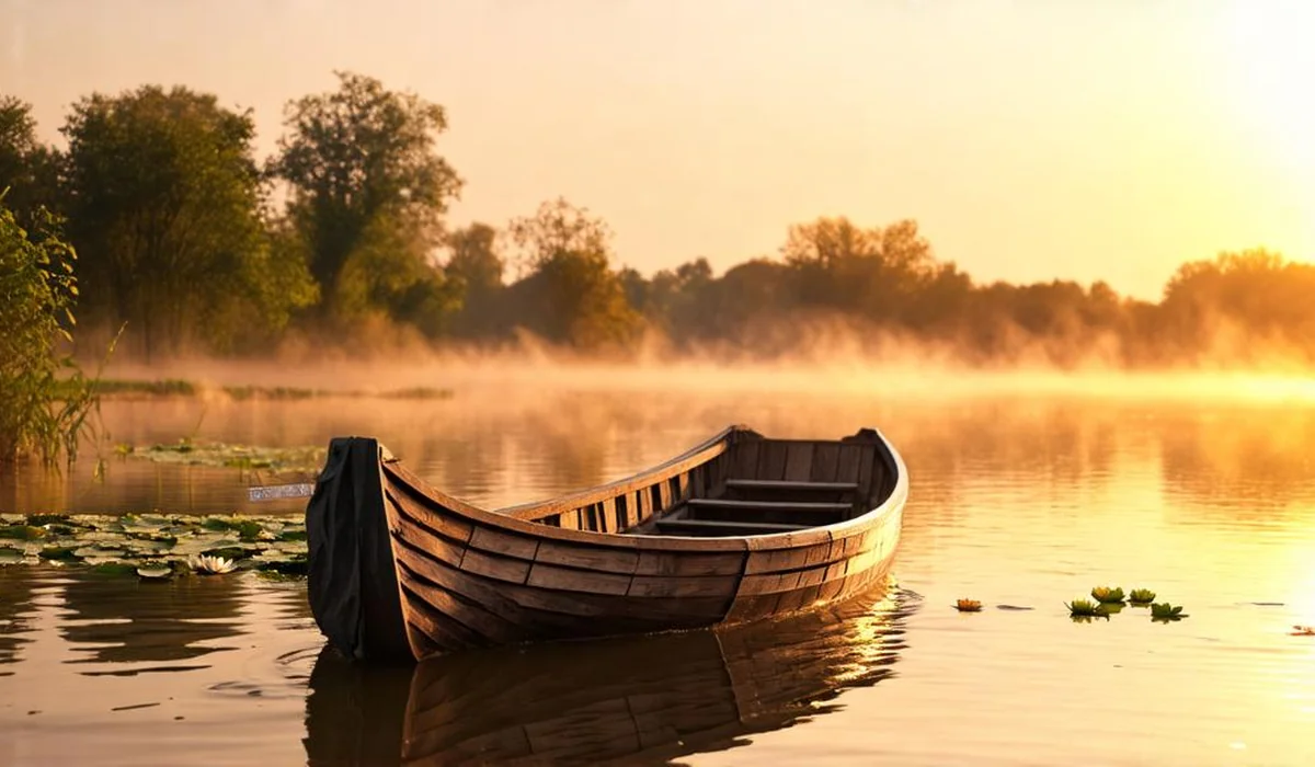 A wooden rowboat drifting on a serene pond at sunset surrounded by cattails, lily pads, and golden water reflections