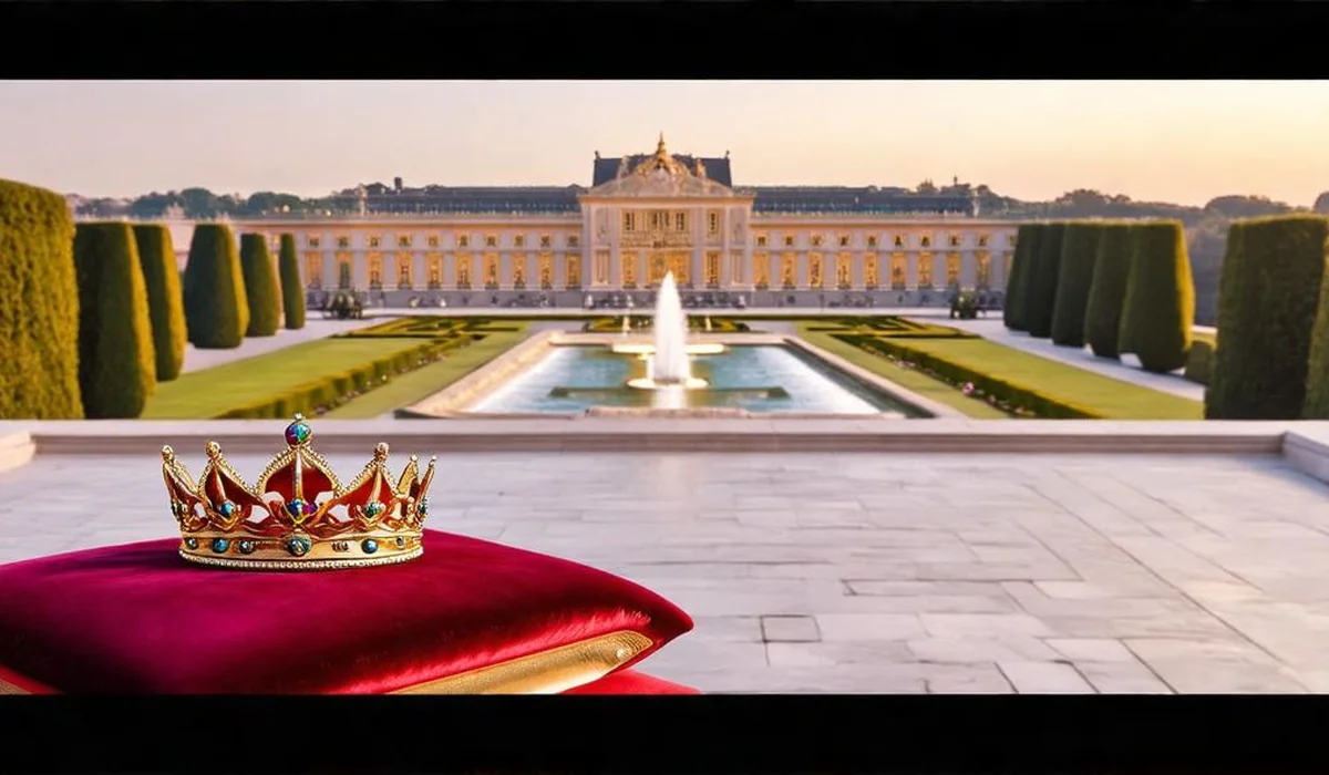 A grand palace balcony overlooking lush royal gardens at sunset with a crown resting on a velvet cushion