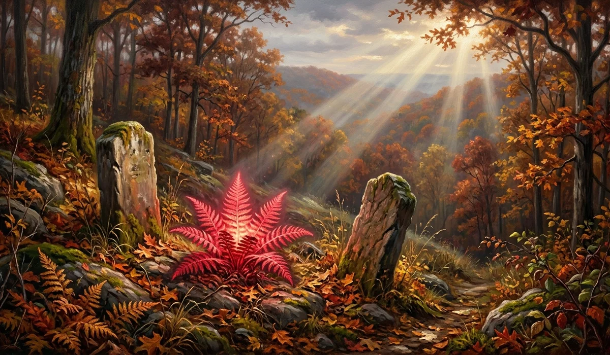 A sacred red fern glowing softly between two stone graves on a peaceful Ozark hillside in autumn