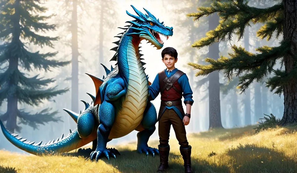 A young dragon rider with a glowing sword standing beside a massive gentle blue dragon in a pine forest