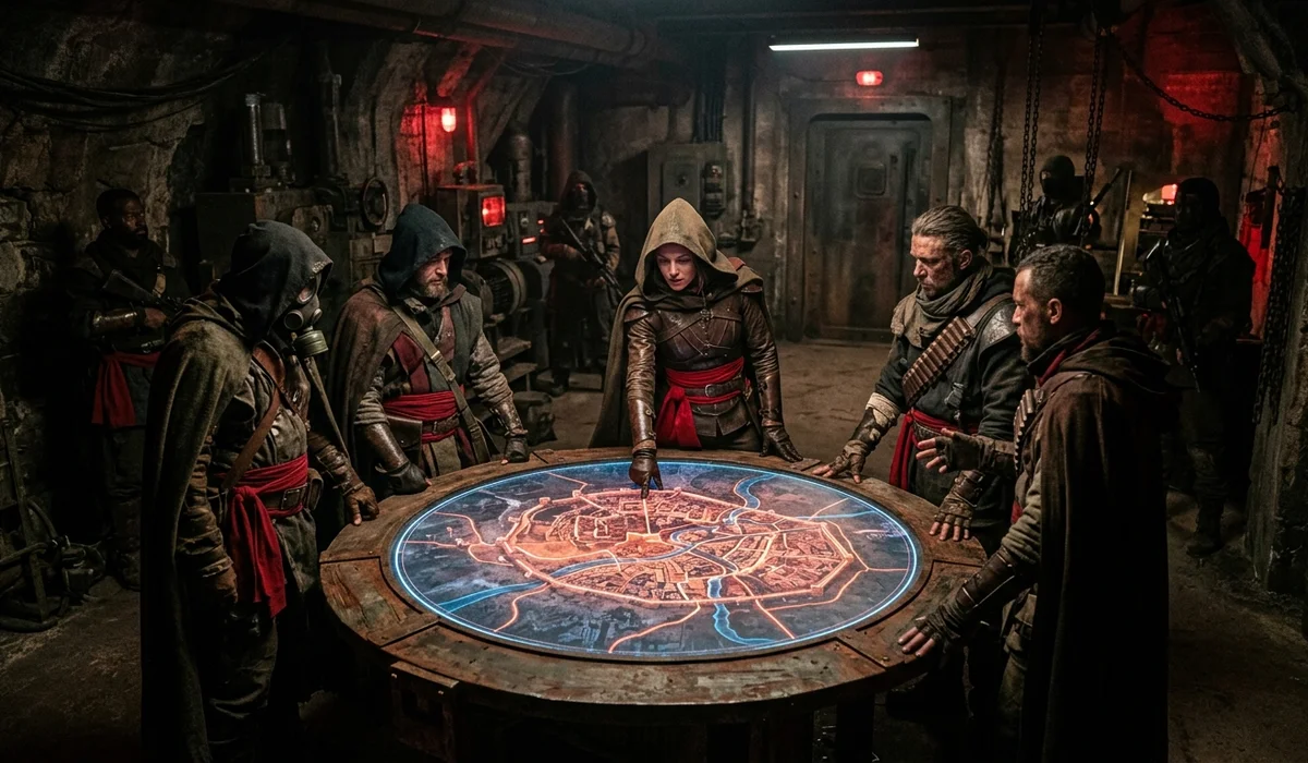 Underground rebel commanders in crimson sashes gathering around a tactical glowing map table