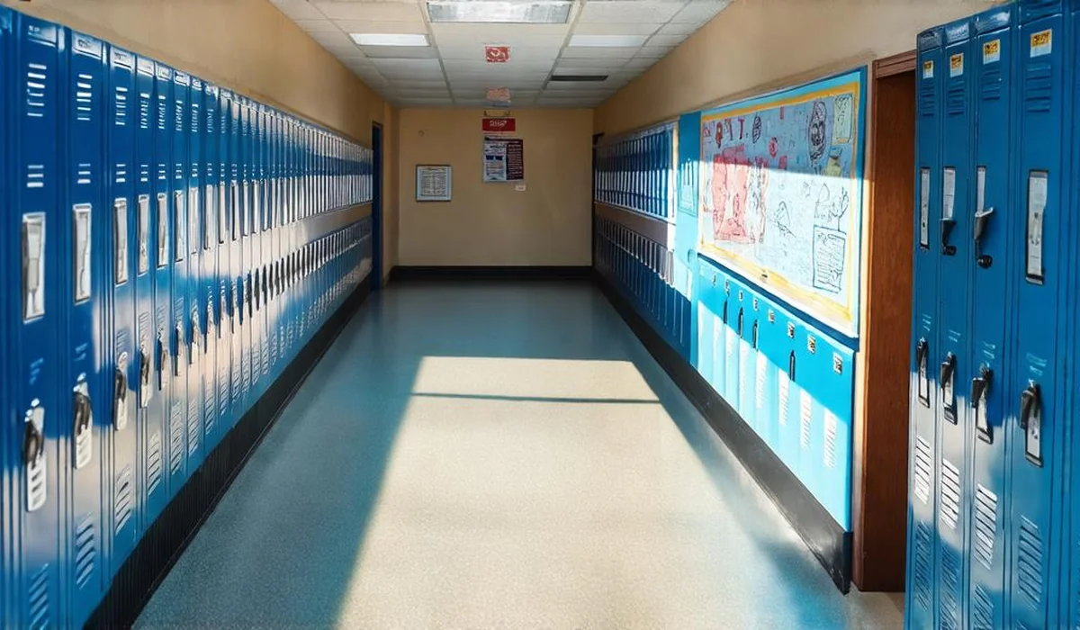 Playful cartoon style illustration of a middle school classroom with paper airplanes and funny doodles on chalkboard