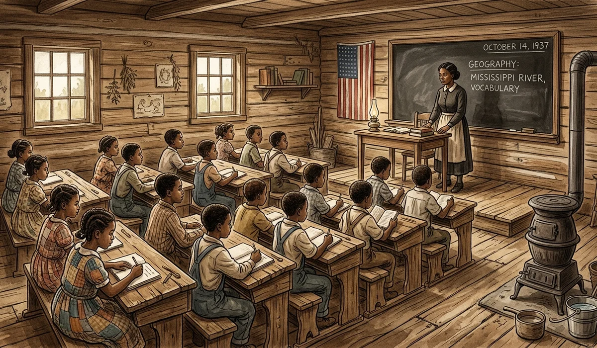 1930s rural southern schoolhouse interior in Mississippi with young African American students