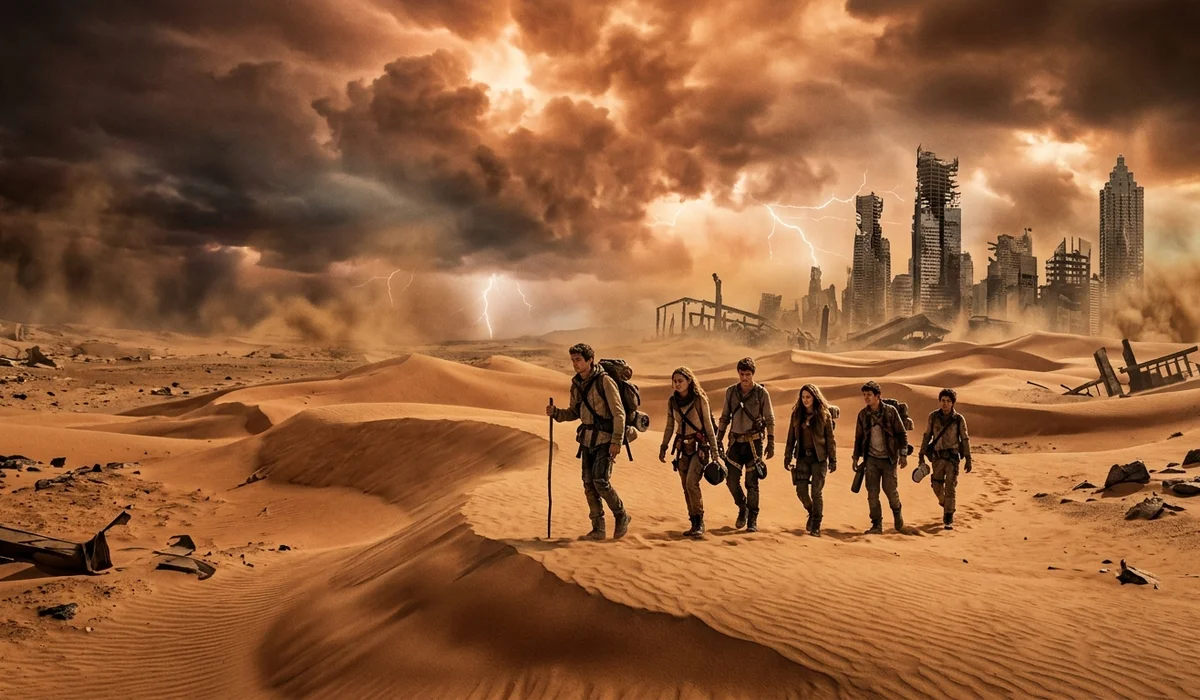 A small group of teen survivors trekking across the sun-scorched desert wasteland of the Scorch toward ruined skyscrapers