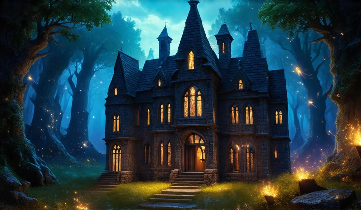 Hidden magical academy entrance concealed within a grand ancient forest