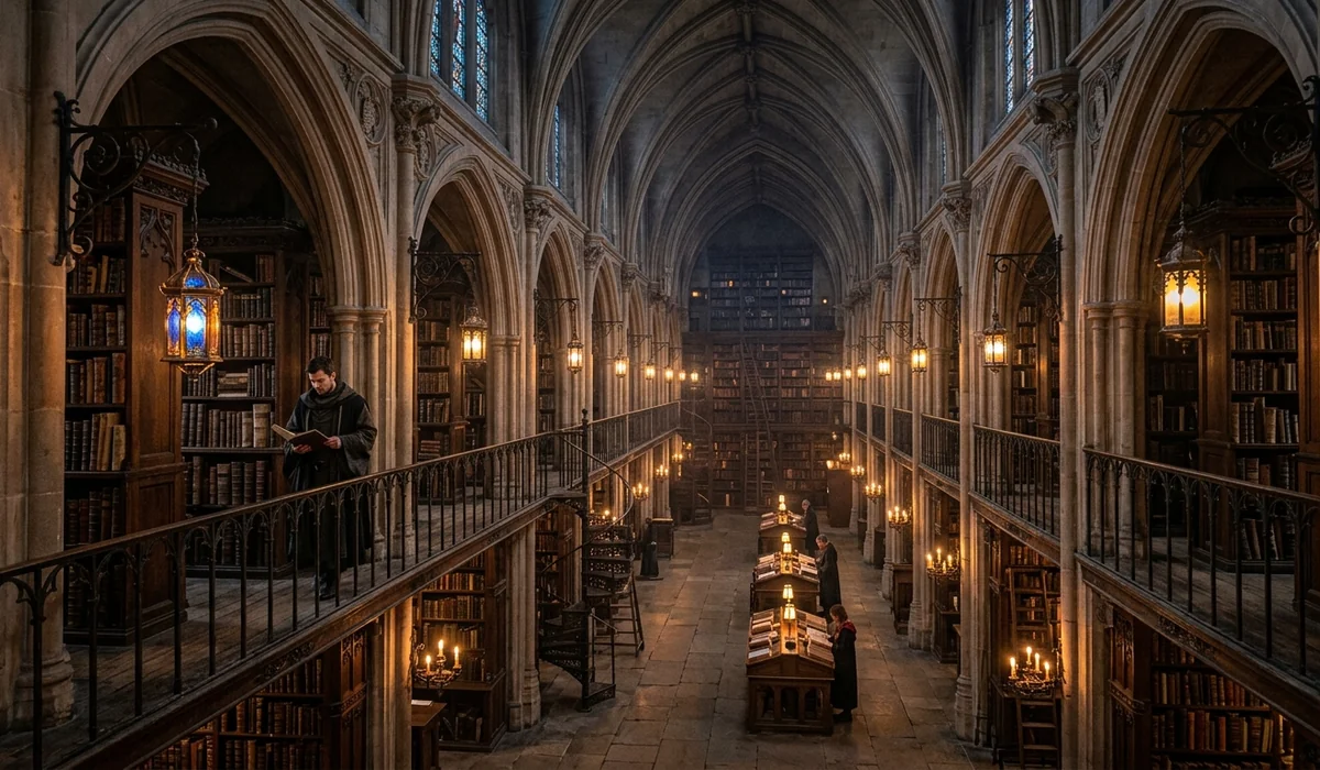 Gothic fantasy library setting representing the Grishaverse series