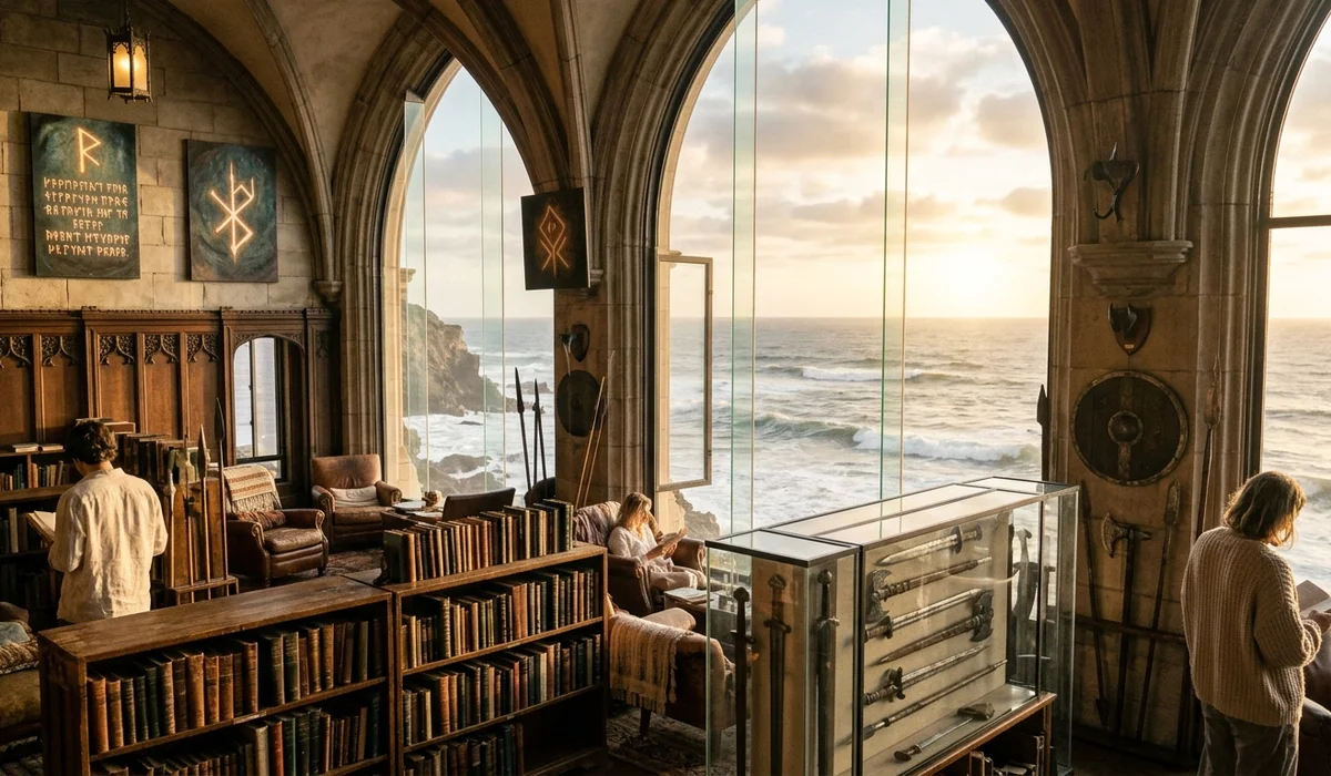 Sunlit coastal library in Los Angeles with arch windows overlooking ocean waves and rune artwork
