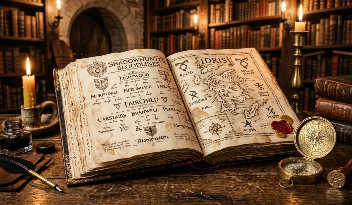 Open antique leather bound family tree chronicle book displaying Shadowhunter ancestral bloodlines and maps of Idris