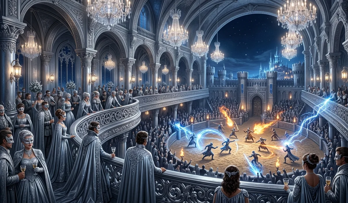 An opulent Silver royal palace ballroom overlooking an elemental combat arena tournament