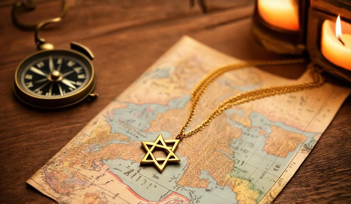 A delicate golden Star of David pendant resting on an antique wooden desk beside a vintage compass and map