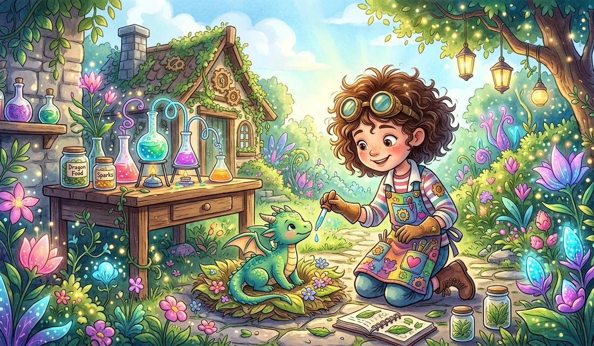 A whimsical children's STEM fantasy scene of a young girl scientist caring for a baby dragon in an outdoor garden