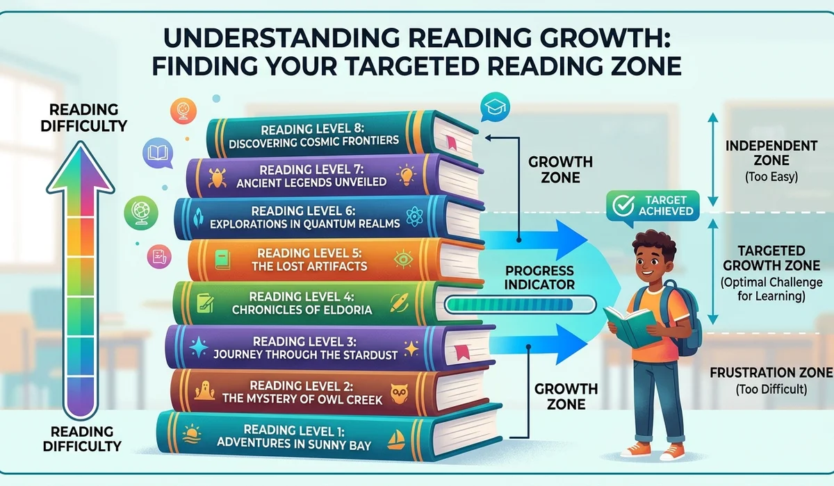 Educational infographics illustrating the Lexile target reading zone between 100L below and 50L above reader score