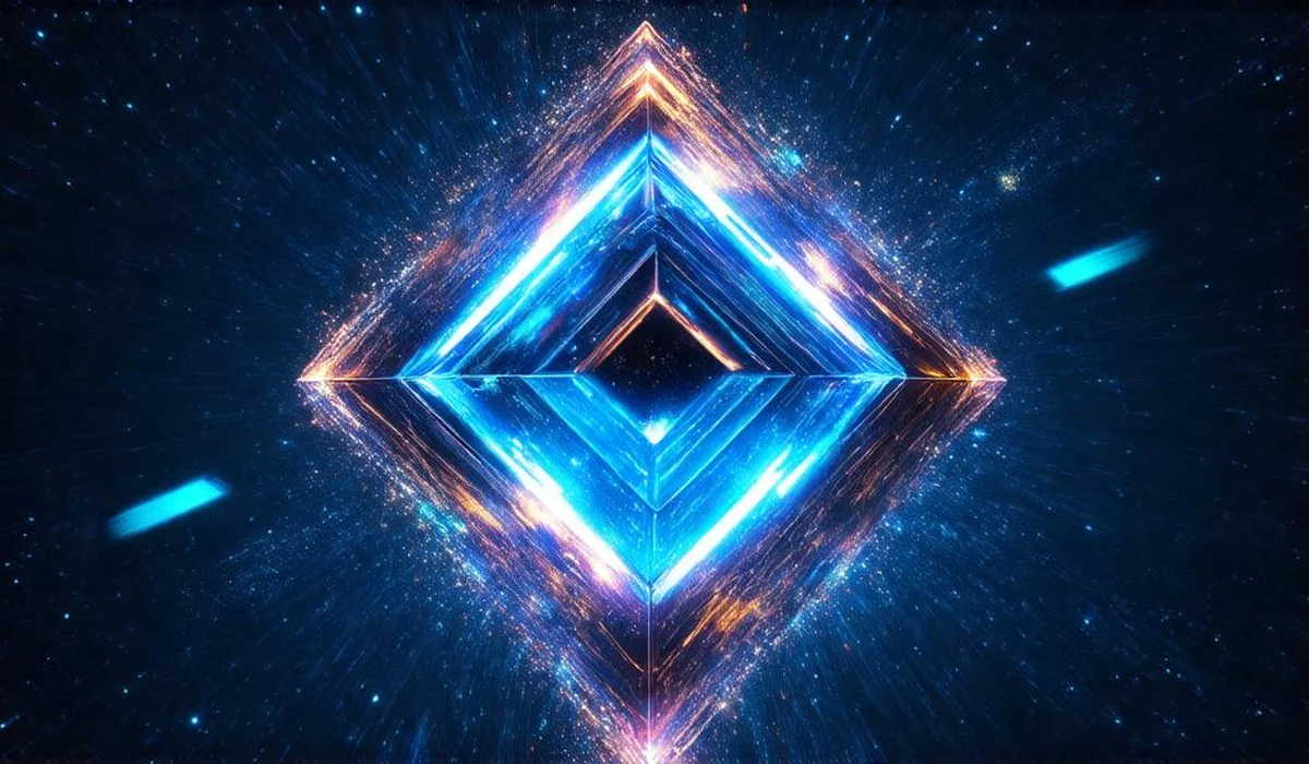 A glowing tesseract folding space and time into a dimensional wormhole across brilliant starry nebulas