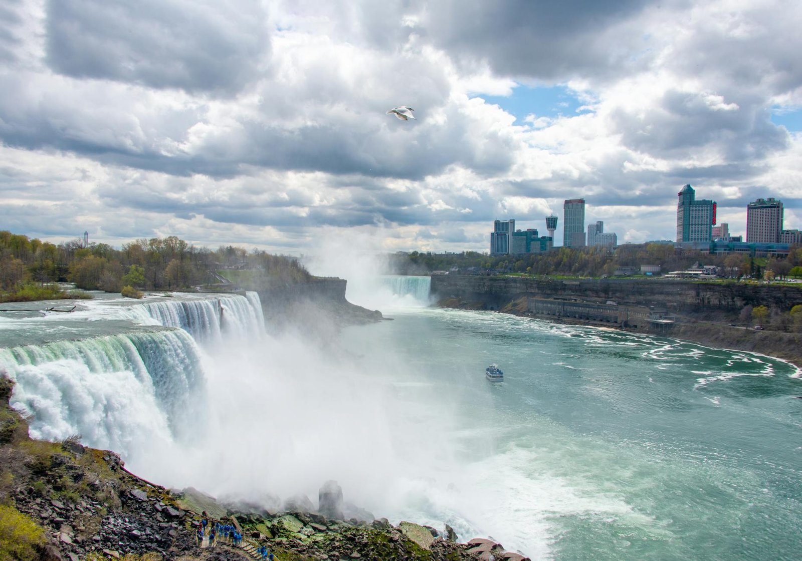 Capture of Niagara Falls with city skyline in the background on a cloudy day.