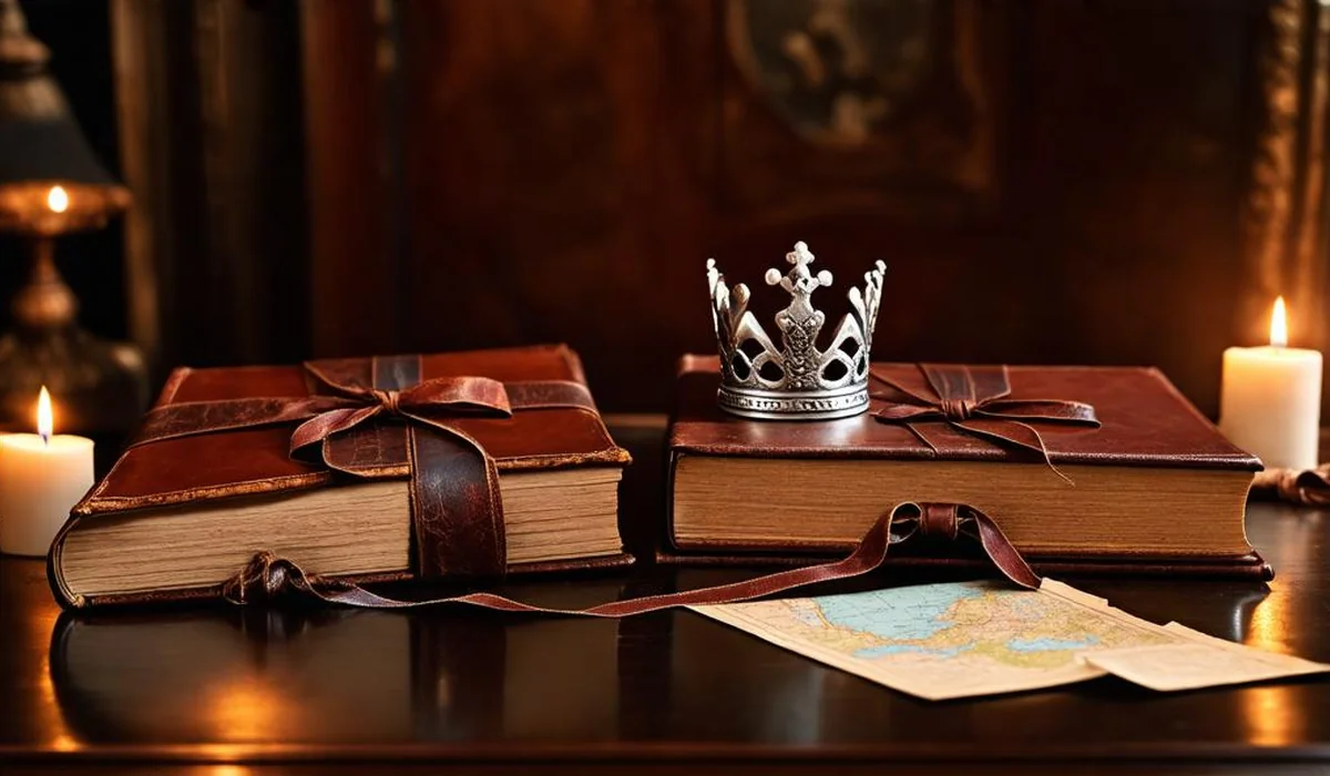 Two ancient leather-bound fantasy grimoires open side-by-side with magical bookmarks on a royal wooden desk