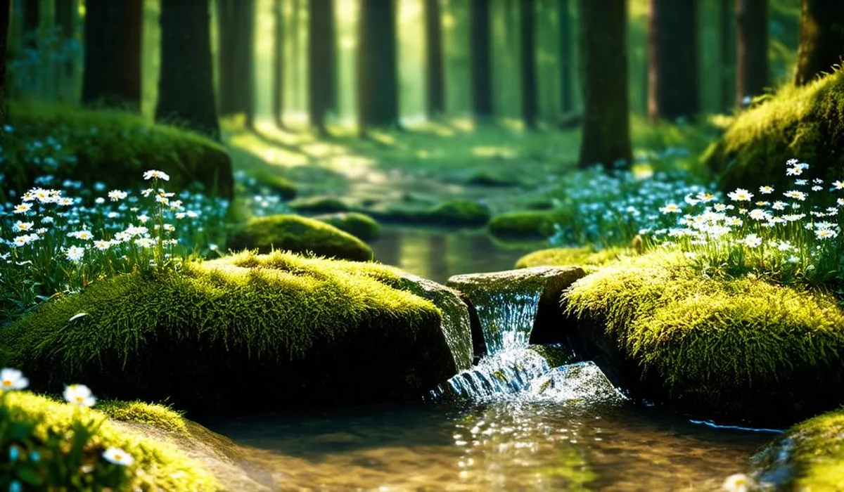 A hidden freshwater forest spring surrounded by lush pebbles, wildflowers, and towering ancient oak trees