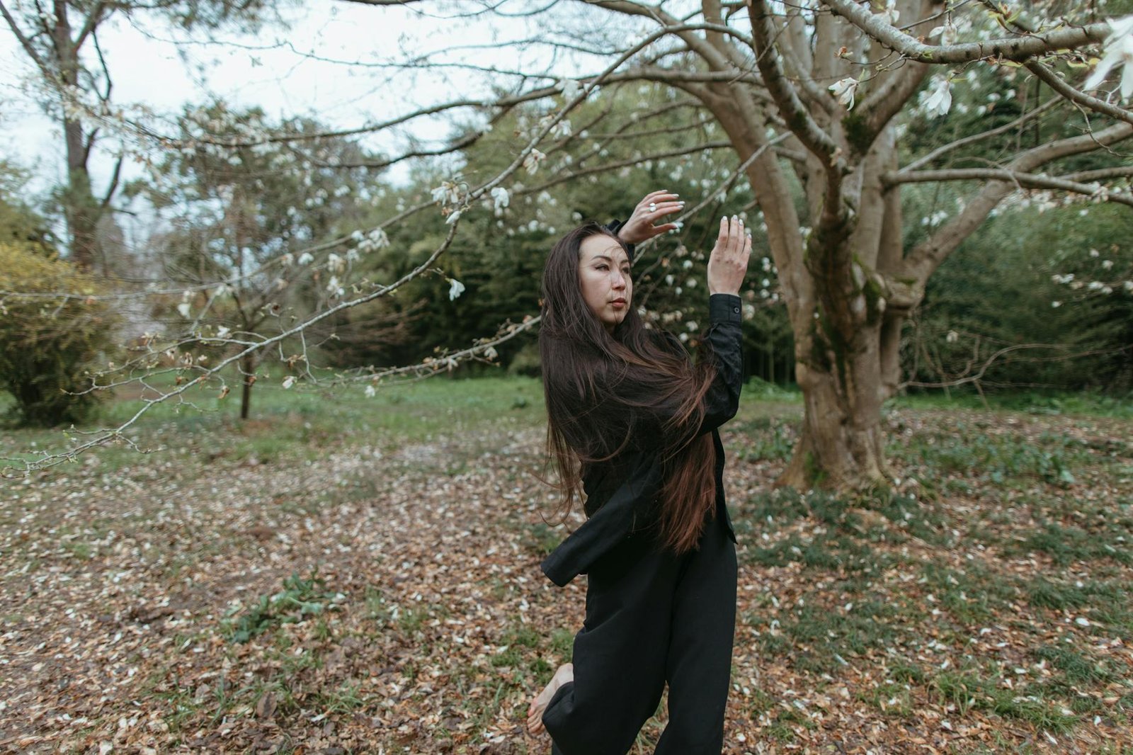A woman in black performs a graceful dance in a serene forest, evoking harmony with nature.