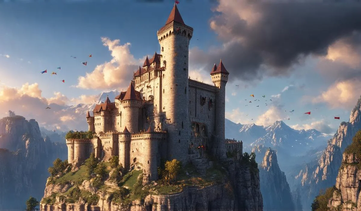 An ancient stone fortress under siege with fantasy warriors defending towering castle battlements