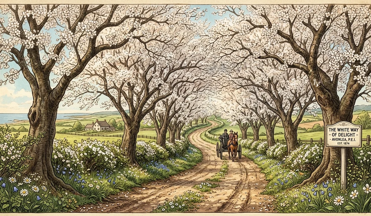 Beautiful blooming white cherry blossom canopy road in Avonlea Prince Edward Island