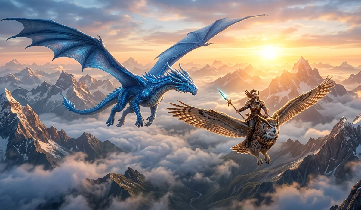 Majestic blue dragon flying through mountain skies alongside an armored owl warrior at sunrise