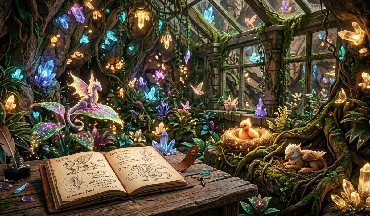 Magical greenhouse sanctuary filled with glowing crystals and miniature mythical creatures around an open grimoire
