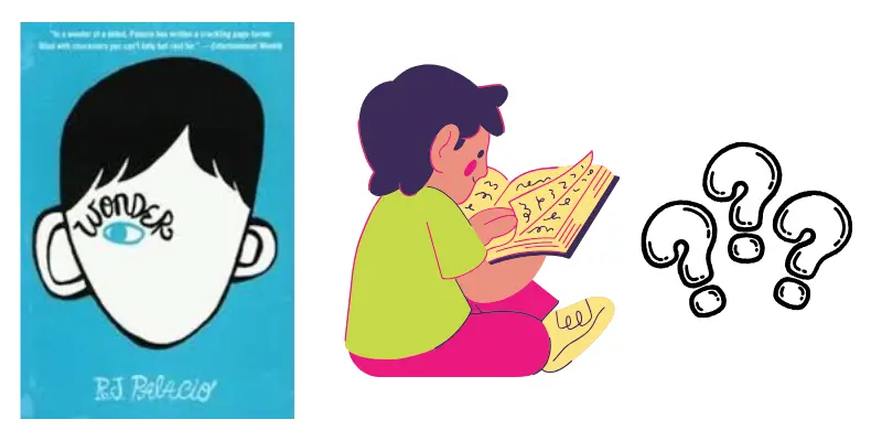 wonder book cover and a child reading the book showing reading level