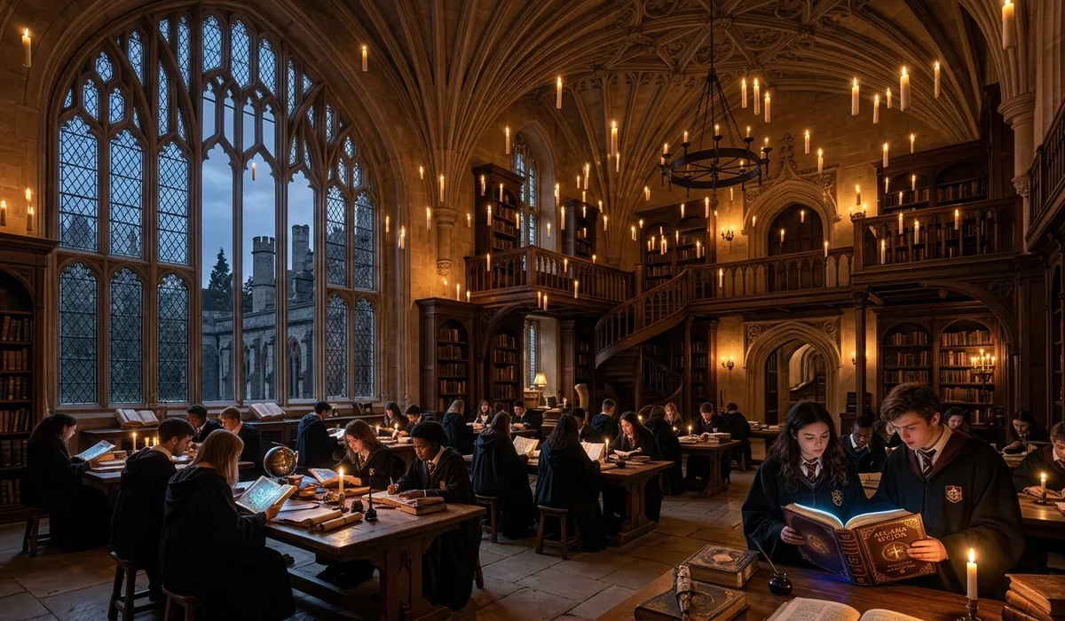 Majestic dark academia university library hall with soaring gothic windows, floating candles, and scholarly students
