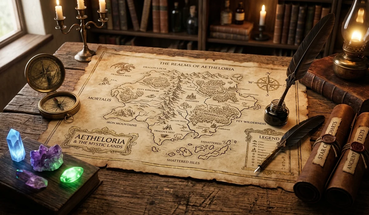Detailed antique parchment fantasy map on a wooden table with brass compass, glowing crystals, and quill pens
